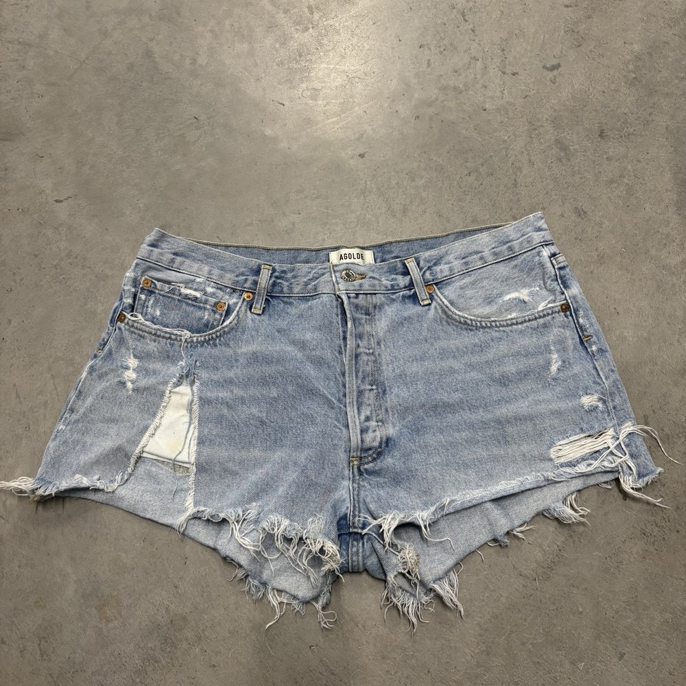 Agolde Women's Button Fly Parker Jean Shorts Sz 32 Blue Denim Cut Off Distressed